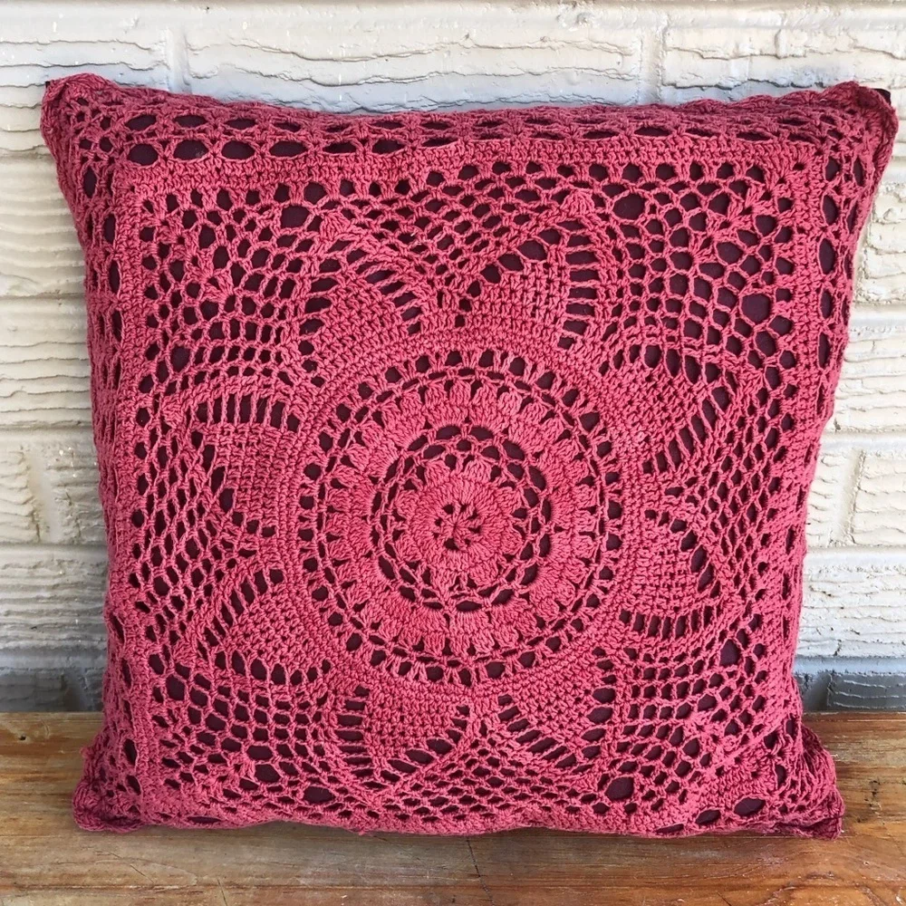 Dark Red Cotton Floral Crochet Top Square Accent Pillow 15”
